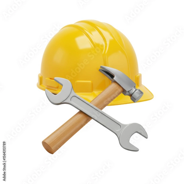 Fototapeta 3D realistic tools and yellow helmet set for construction, maintenance, engineering, or building concept isolated on a transparent background, png, cutout