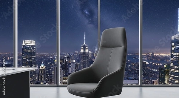 Obraz Sleek office chair with futuristic design overlooking a vibrant cityscape at dusk.