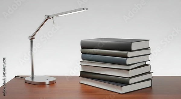 Obraz A modern silver desk lamp illuminates a neatly stacked collection of hardcover books on a warm wooden table against a soft gray background.