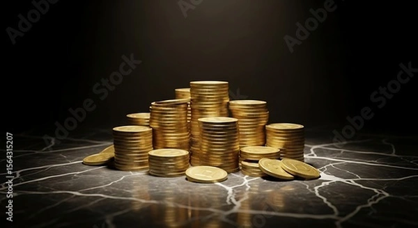 Obraz Golden coins stacked haphazardly on cracked marble floor with dramatic lighting effects.