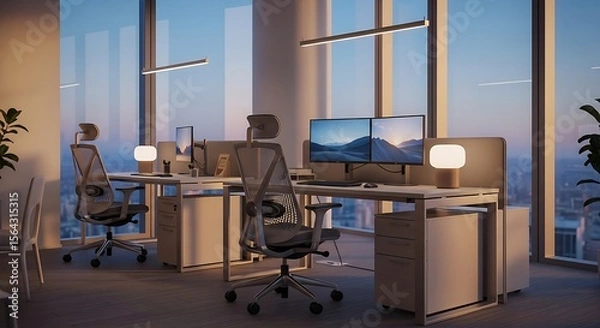 Obraz Modern office space with sleek desks and cityscape view at dusk, exuding productivity and sophistication.