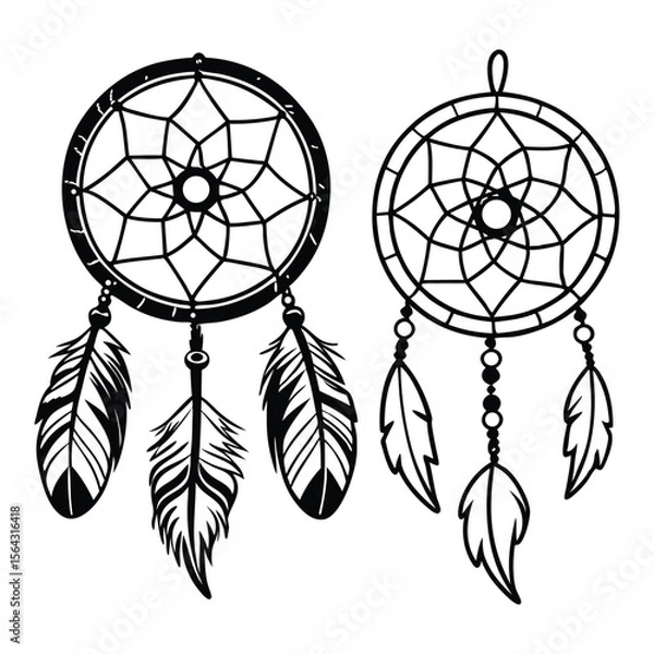 Fototapeta Intricate black and white dreamcatcher designs featuring detailed patterns and feather embellishments for creative projects
