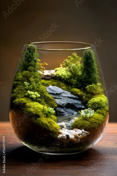 Fototapeta A Self-contained Microcosm: The Lush Beauty of a Glass-bound Tiny Habitat