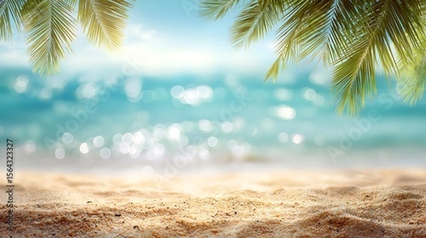 Fototapeta Tropical Paradise Beach Scene with Palm Trees, Golden Sand, and Turquoise Ocean, Ideal for Summer Vacation Background