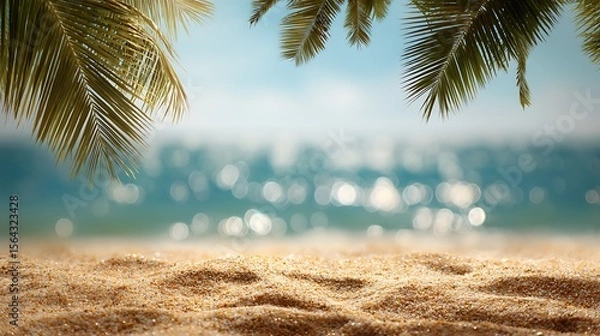 Fototapeta Tropical Paradise Beach Scene with Palm Trees, Golden Sand, and Turquoise Ocean, Ideal for Summer Vacation Background