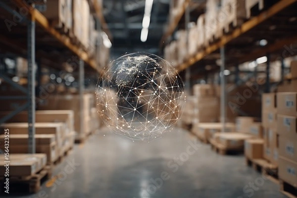Fototapeta Global Logistics Network, Digital Earth Overlay in Warehouse Setting for Supply Chain Concept