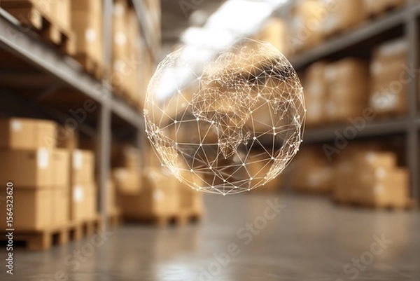 Fototapeta Global Logistics Network, Digital Earth Overlay in Warehouse Setting for Supply Chain Concept