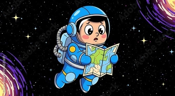 Fototapeta Adorable astronaut lost in space reading a map with a worried expression and cosmic background