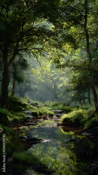 Fototapeta Enchanted Serene Forest: A Symphony of Tranquility and Natural Beauty Amidst Verdant Canopy