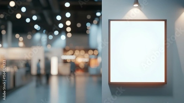 Fototapeta Gallery Wall: Blank square wooden frame mounted on a textured white wall under the focused light of a ceiling spotlight. Blurred trade show view in the background.