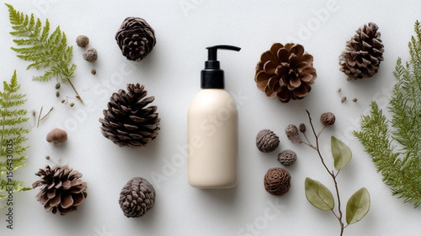 Fototapeta lotion bottle and arranged forest elements, top-down aesthetic,