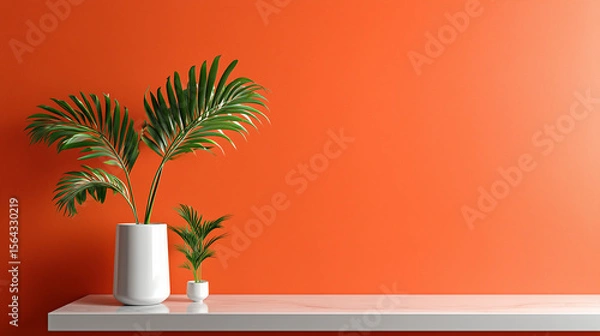 Fototapeta palm tree in a vase in orange wall
