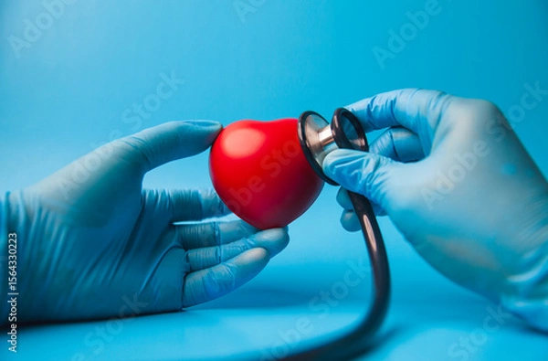 Fototapeta doctor uses a stethoscope to check the heartbeat.red heart shape exercise ball in hands with doctor physician's stethoscope on light blue background. world heart health day. doctor day.