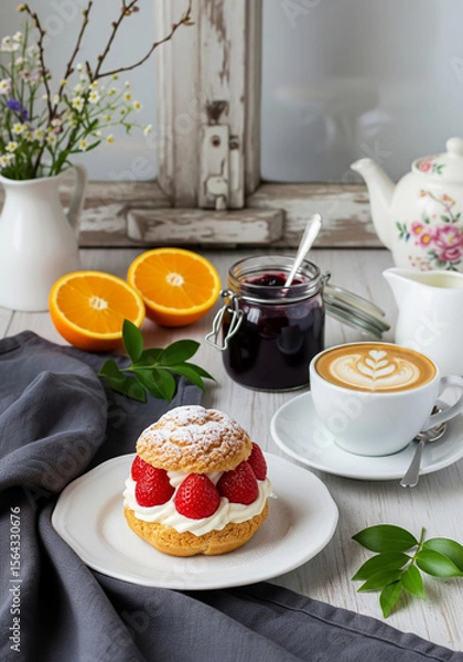 Obraz Cup coffee of latte art with Cream and strawberry puffs