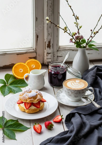Obraz Cup coffee of latte art with Cream and strawberry puffs