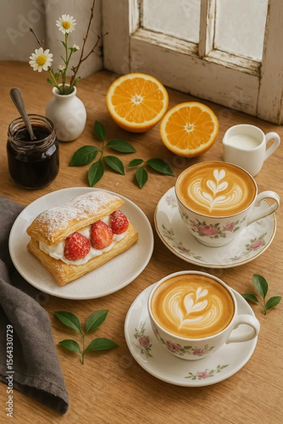 Obraz Cup coffee of latte art with Cream and strawberry puffs