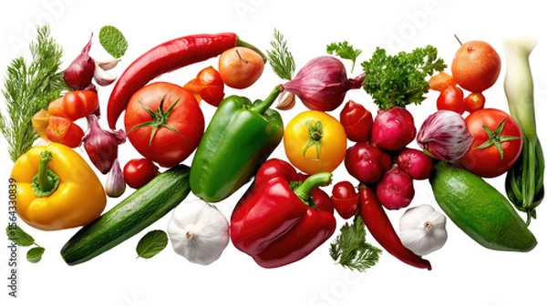 Fototapeta Vibrant Veggie Medley: A colorful assortment of fresh, ripe vegetables, meticulously arranged to showcase their natural beauty and nutritional value.