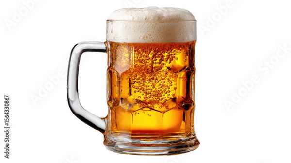 Fototapeta Refreshing Golden Brew: An appetizing close-up of a frosty mug brimming with a light, bubbly golden ale. Its frothy foam and inviting hue, a classic embodiment of refreshment.