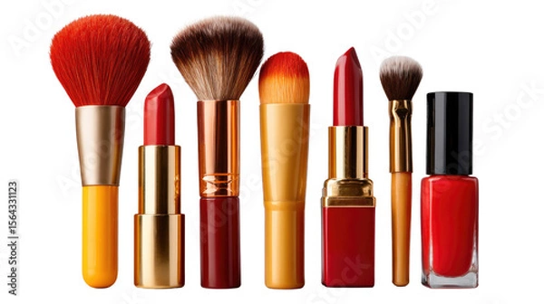 Fototapeta Red Lipstick and Makeup Brushes: A stylish collection of red lipstick tubes and makeup brushes in a vibrant red and gold color scheme, set against a clean background. 
