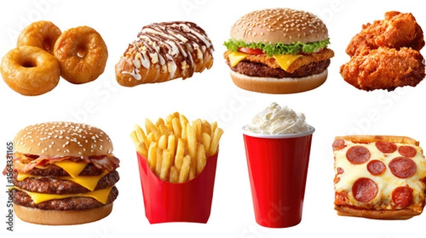 Fototapeta Assortment of Delicious Eats: A vibrant array of food items, a culinary snapshot that showcases the joy of eating and diverse flavors, presented on a clean presentation.