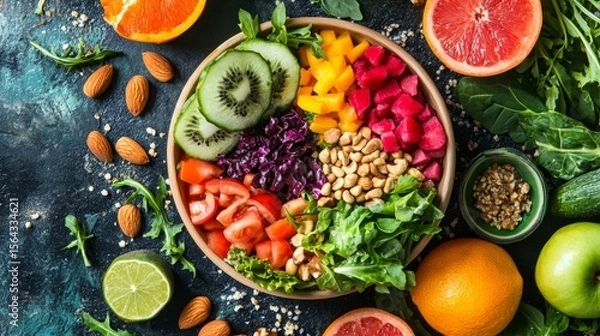 Fototapeta Colorful Vegetable and Fruit Salad Bowl with Nuts Overhead Shot