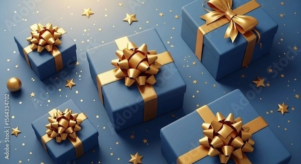 Obraz Blue Gift Boxes with Gold Ribbons