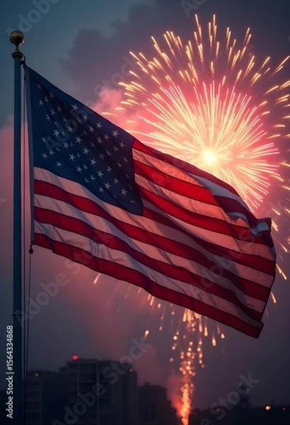 Obraz American Flag Waving Against a Backdrop of Exploding Fireworks