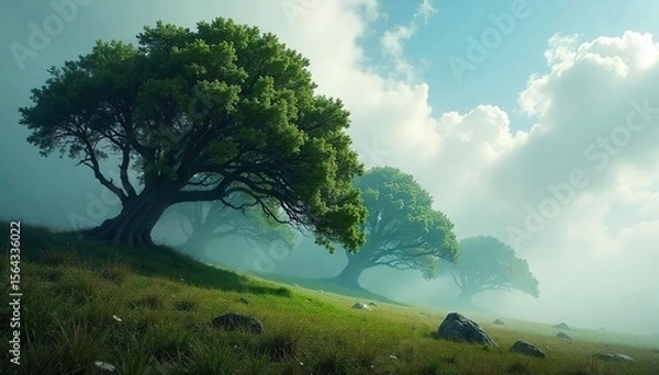 Fototapeta Windswept Trees Ethereal Forest Scene of Majestic, Brown Trees Bending Dramatically in a Powerful Gust of Wind, Evoking Natures Raw Power and Serene Beauty