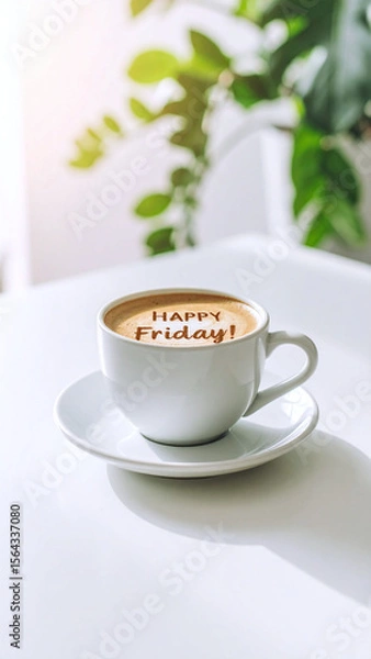 Fototapeta Latte with 'Happy Friday' text in white cup, tropical style and plant shadow