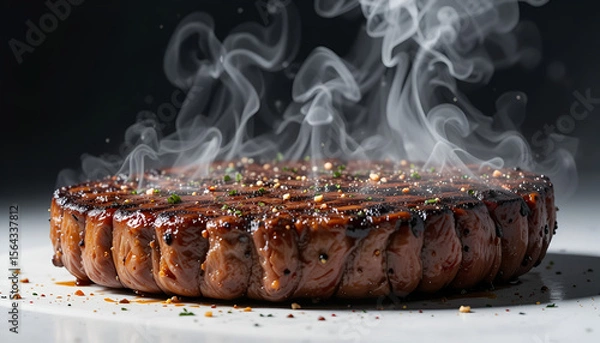 Fototapeta Sizzling grilled steak, perfectly cooked, aromatic steam rising, seasoned with herbs, juicy, tender, dark background, culinary delight, mouthwatering, gourmet, fresh, hot, savory, delicious, flavorful