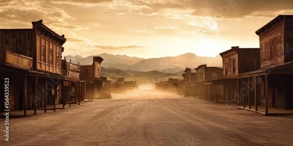 Fototapeta Wooden structures line a dusty thoroughfare in this nostalgic scene.