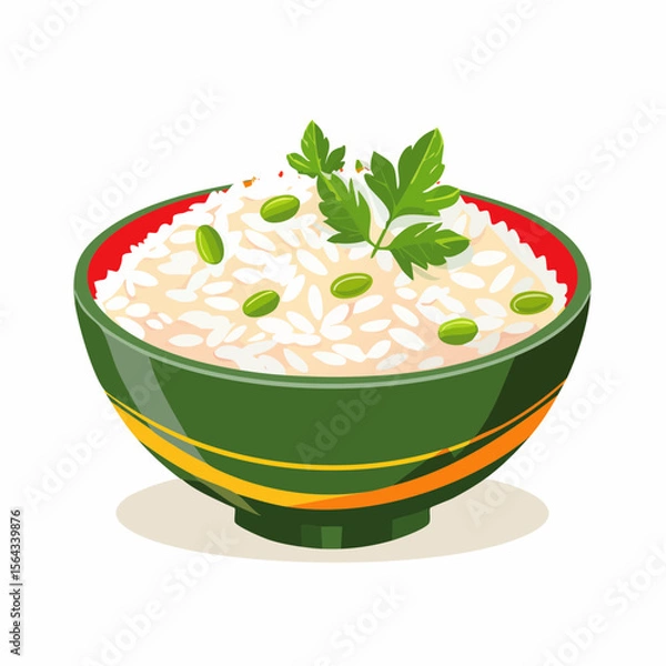 Obraz A vibrant illustration of a green bowl filled with cooked rice, garnished with green peas and parsley.
