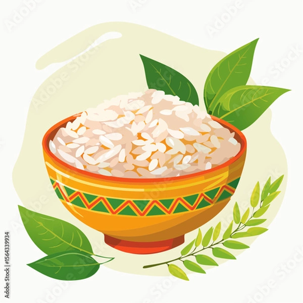 Obraz A bowl of cooked rice, garnished with fresh green leaves, sits on a light background.