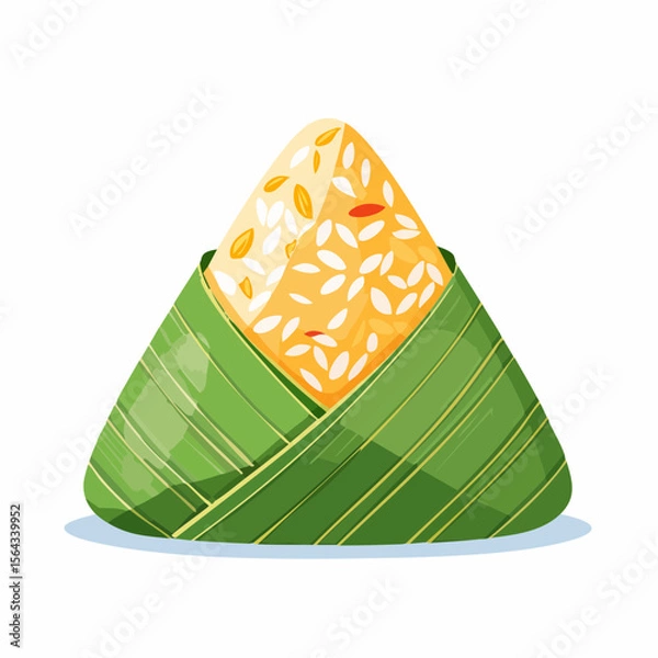 Obraz A close-up illustration of a traditional triangular rice dumpling wrapped in green leaves.
