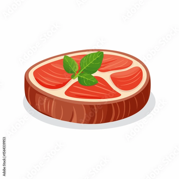 Obraz Cartoon illustration of a slice of meat with a basil leaf on top, presented on a white background.