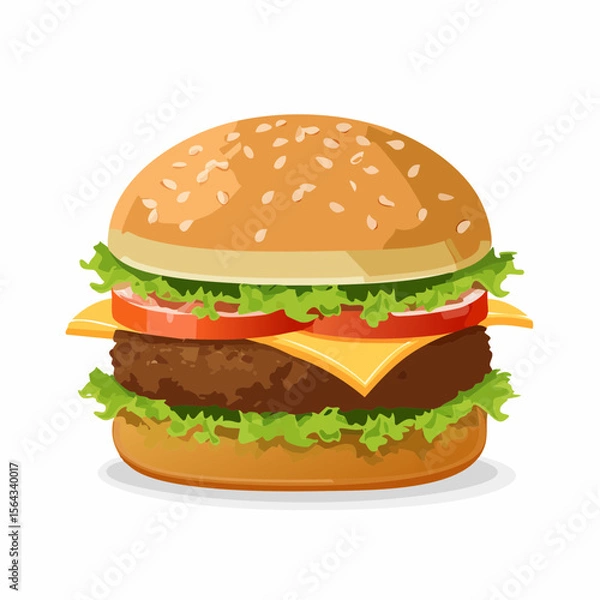 Obraz A cartoon illustration of a classic cheeseburger with sesame seed bun, patty, cheese, lettuce, and tomato.