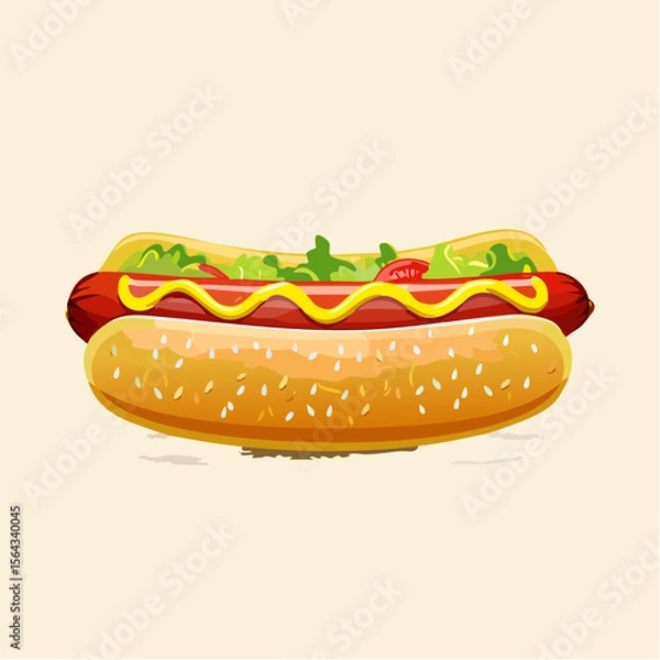 Obraz A delicious hot dog, topped with mustard, lettuce, and tomato, sits ready to eat.