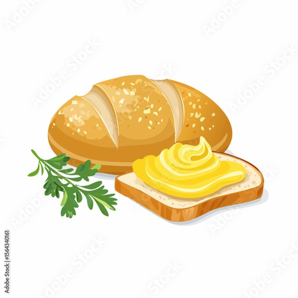 Obraz A loaf of bread with slices topped with butter, and fresh herbs, displayed on a white background.