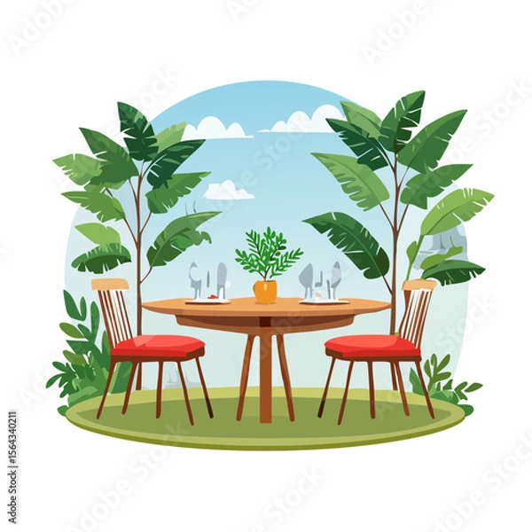 Obraz Illustration of a round table set for two, with chairs, plants, and a blue sky background.