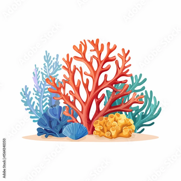 Obraz Illustration of colorful coral reef with red, blue, yellow, and green corals, and a blue seashell on sand.
