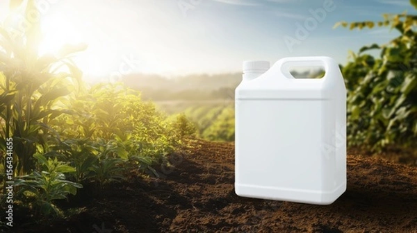 Obraz Blank White Jerrycan in Vegetable Plantation – Agricultural Product Mockup with Right-Side Space for Branding or Label Design


