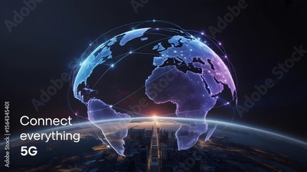 Fototapeta 5G Global Network Connectivity Concept with Digital Earth and Light Connections