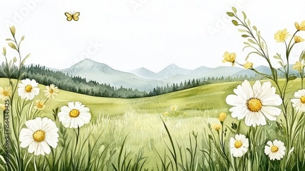 Fototapeta Serene Landscape with Wildflowers and Butterflies in a Tranquil Natural Setting