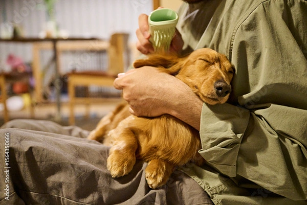 Obraz 犬を抱えるリラックスした男性