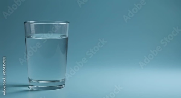 Fototapeta Refreshing crystal clear water in a simple glass tumbler, set against a calming light blue backdrop, illustrating essential daily hydration, purity, and wellness.