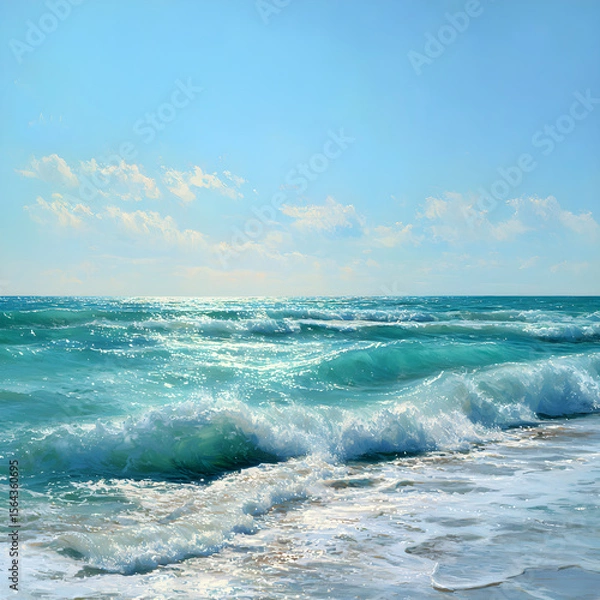 Fototapeta Infinite Turquoise: Capturing the Mesmerizing Dance of Ocean Waves Under Azure Skies with Shimmering Sunlit Crests
