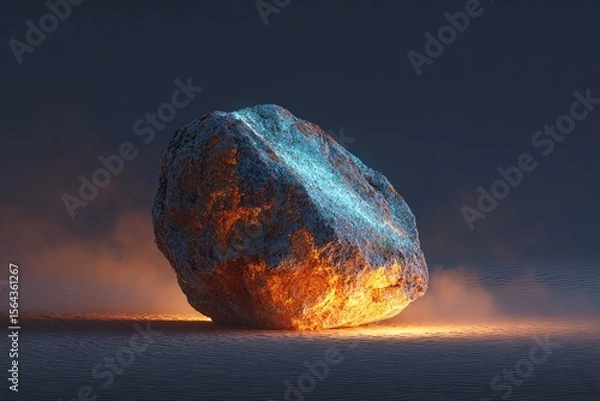 Obraz Large Meteorite Impact Rock with Fiery Glowing Surface in Dark Atmosphere