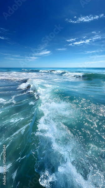 Fototapeta Infinite Turquoise: Capturing the Mesmerizing Dance of Ocean Waves Under Azure Skies with Shimmering Sunlit Crests