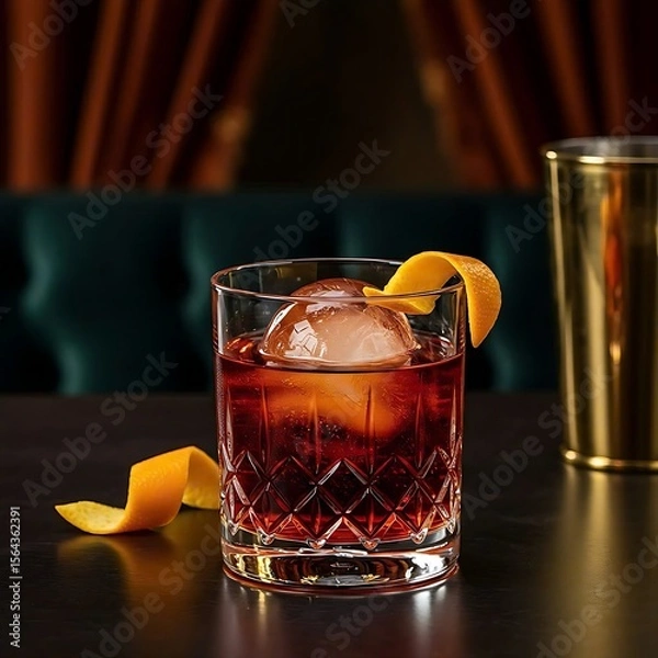 Fototapeta A Negroni served in a lowball glass with a large ice sphere, garnished with an orange twist. The setting is a dimly lit luxury bar with velvet curtains and golden accents.