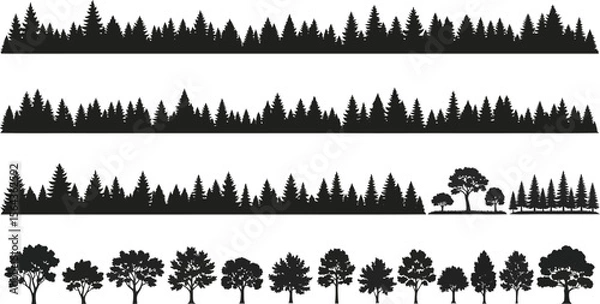 Fototapeta Collection of black silhouette forest tree lines and individual trees on a white background